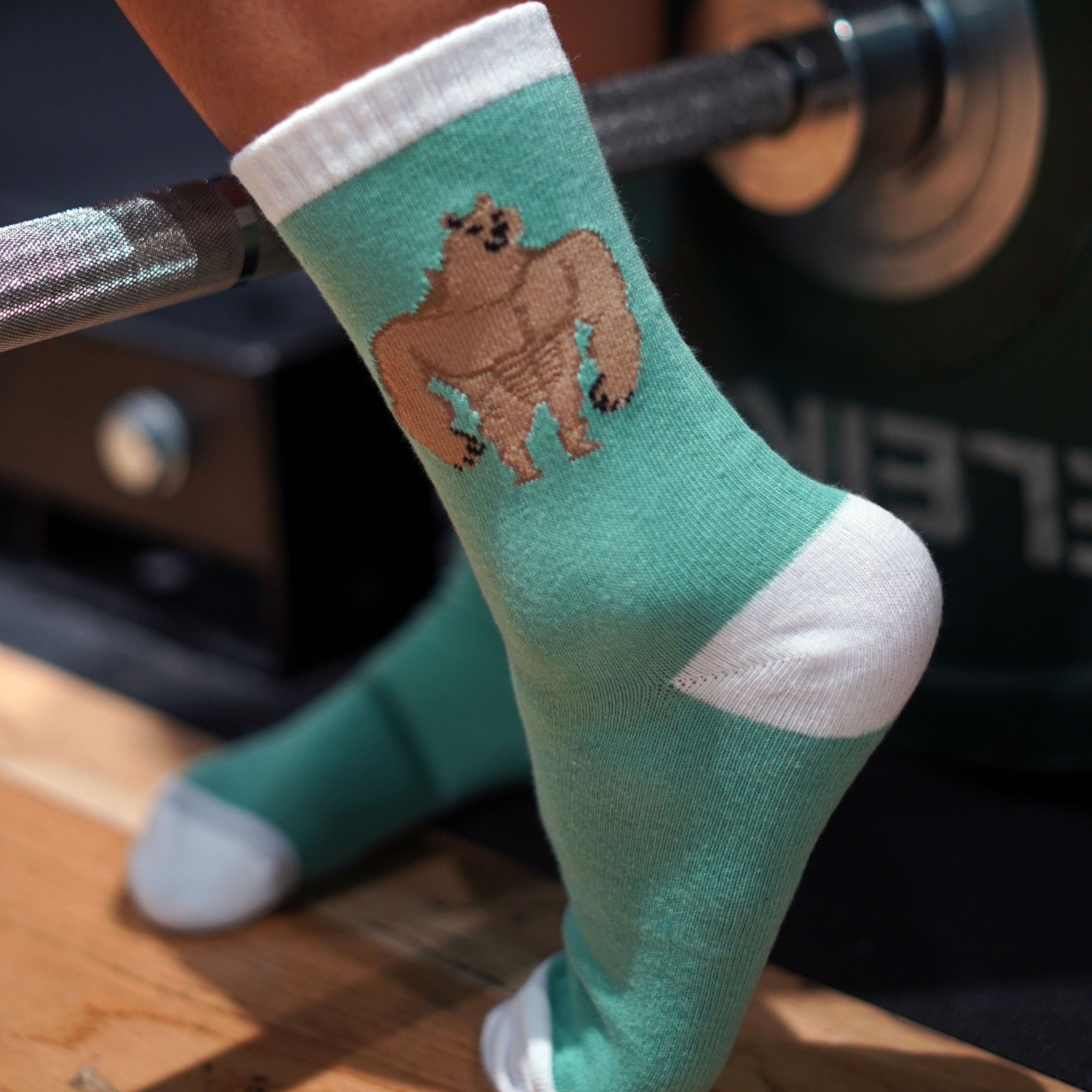buff doge socks pastel green in the gym
