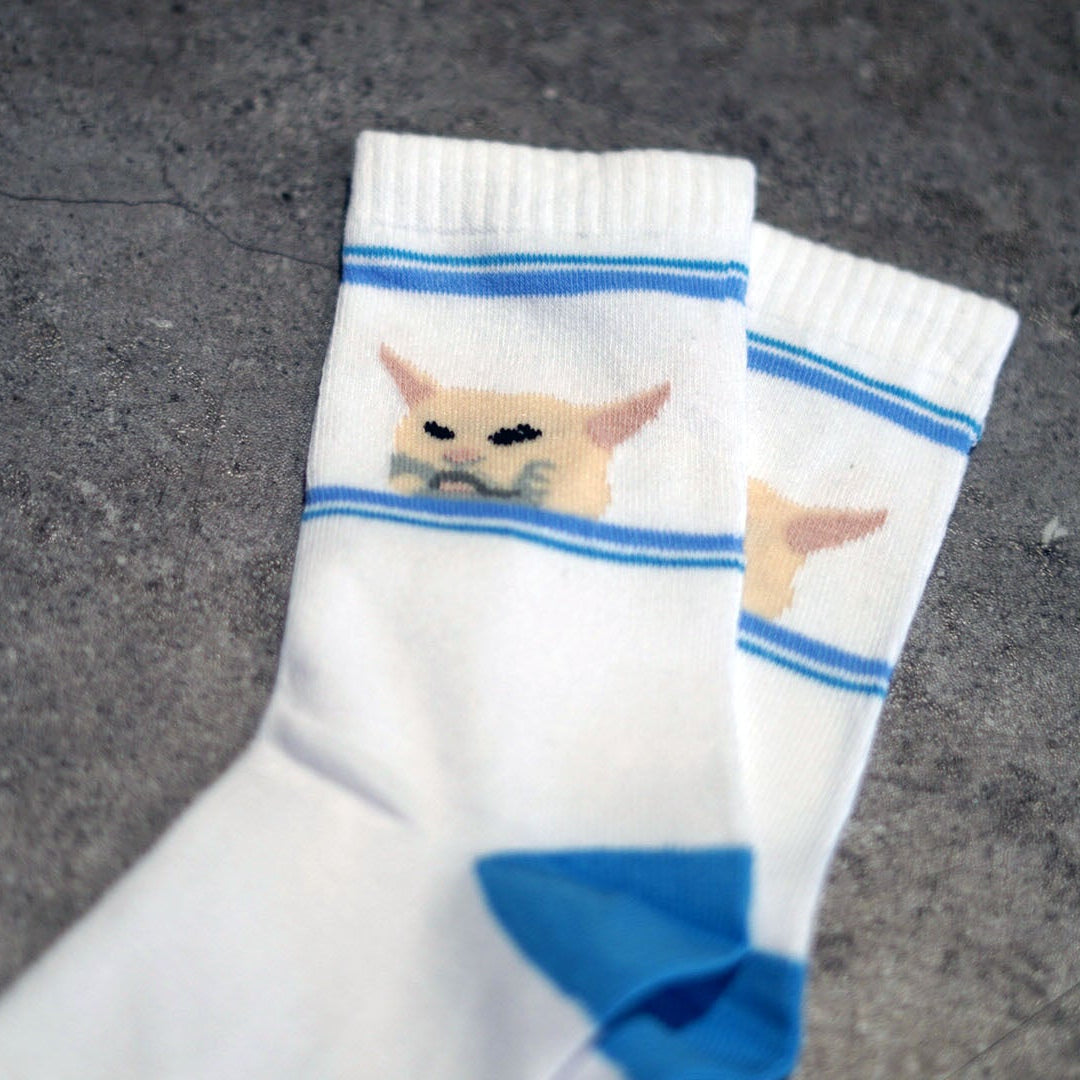 white cat meme socks with blue stripes