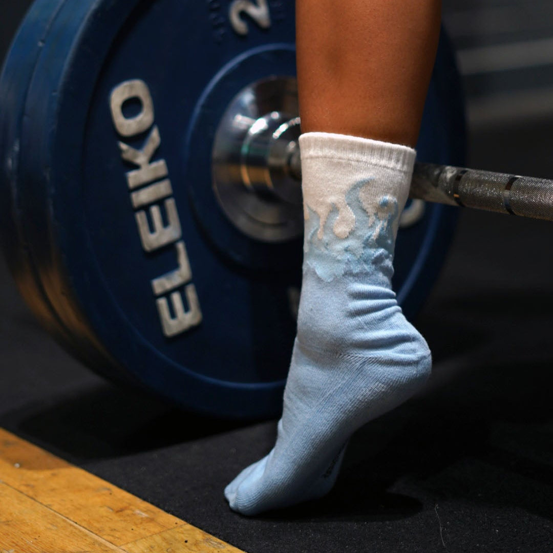 pastel blues fire design socks in the gym