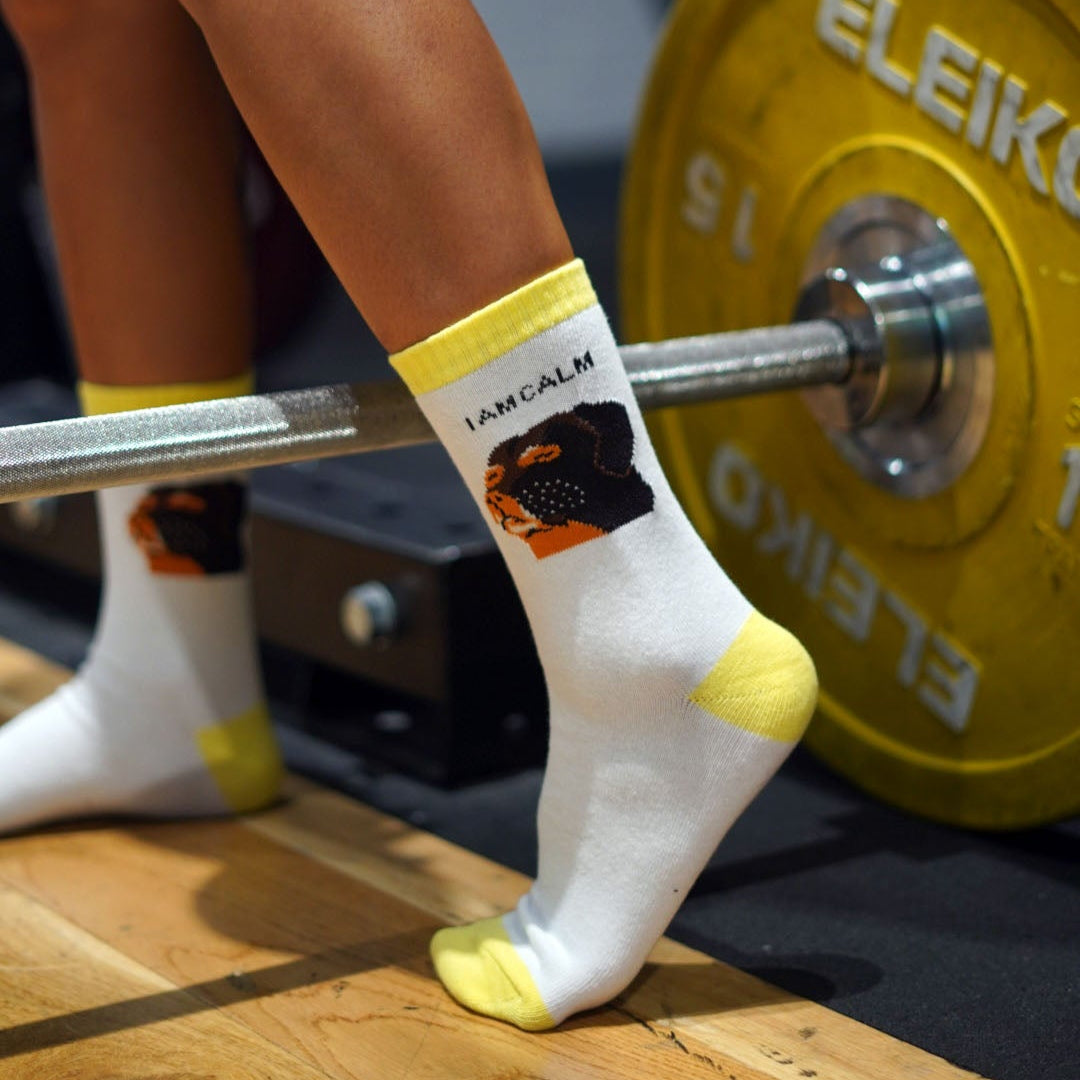 Pair of socks with a design of the relax dog meme with pale yellow trims in the gym