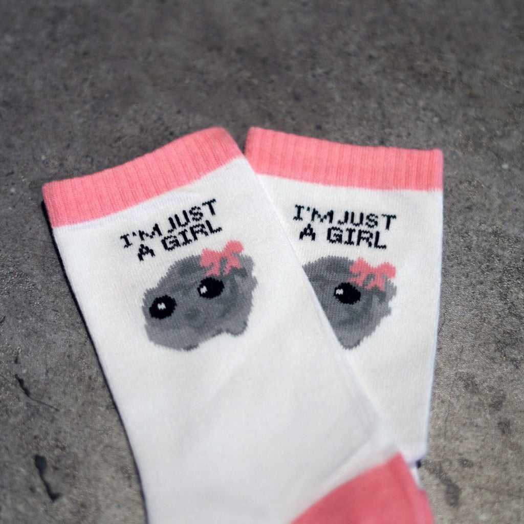 Im just a girl socks with sad hamster meme in pastel pink