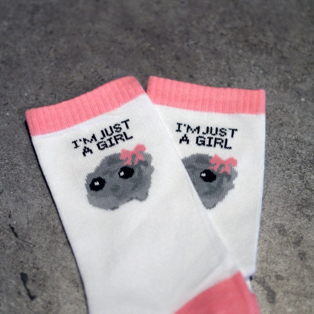 Im just a girl socks with sad hamster meme in pastel pink