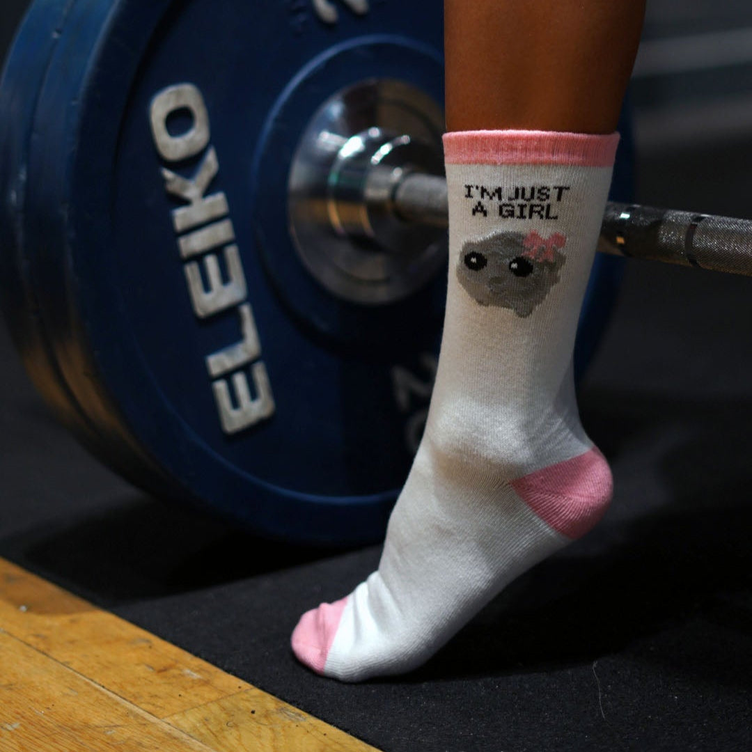 sad hamster Im just a girl socks baby pink